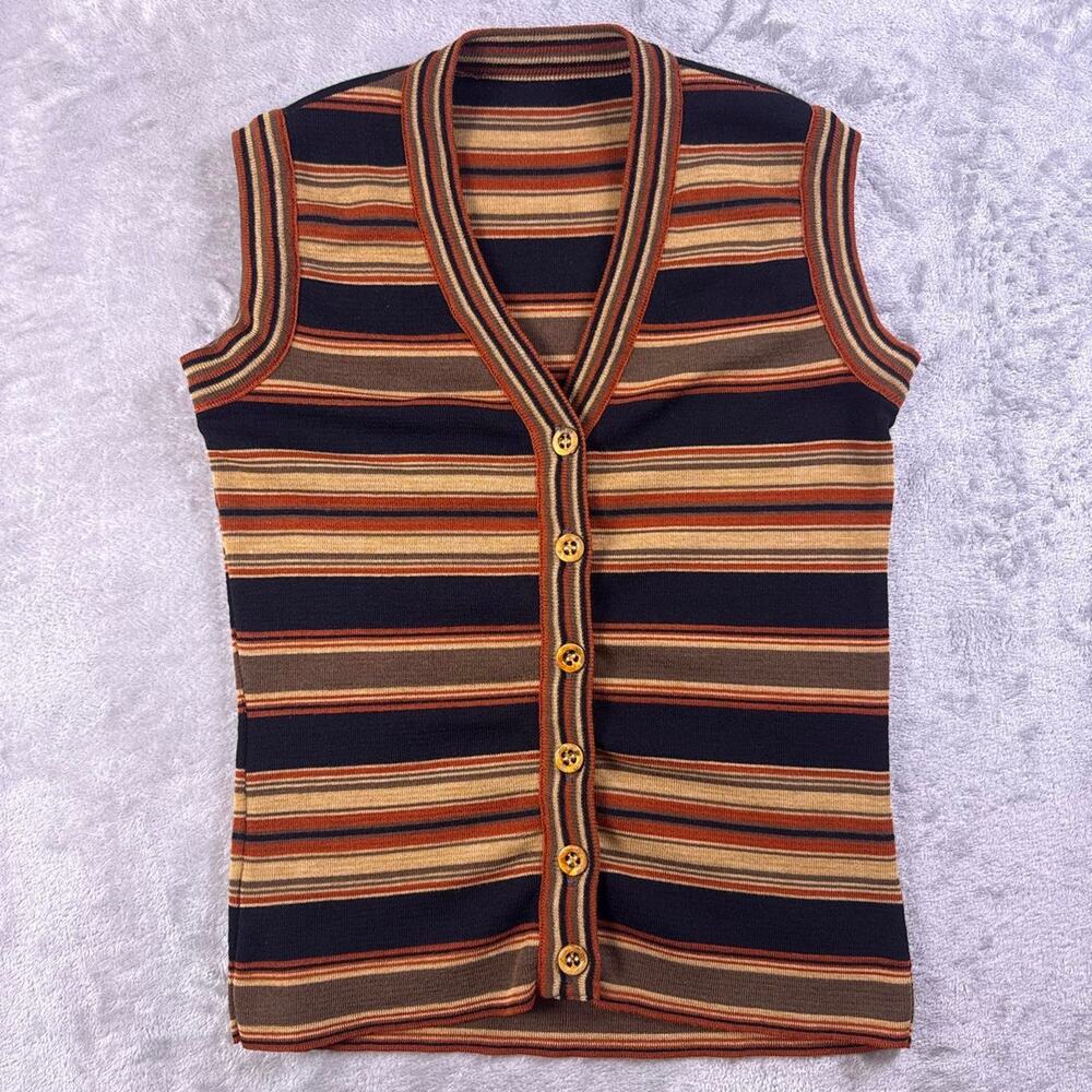 Vintage 70s ILGWU Striped Sweater Vest Womens Small Wool Acrylic Union Made Boho